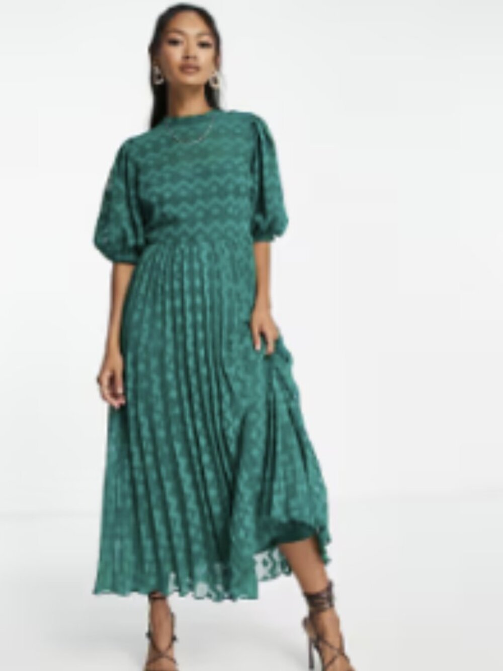 ASOS DESIGN high neck pleated chevron textured print midi with puff sleeves